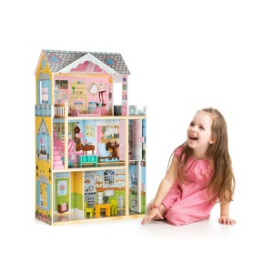 Ecotoys Ecotoys Velký dřevěný domeček pro panenky s výtahem a nábytkem