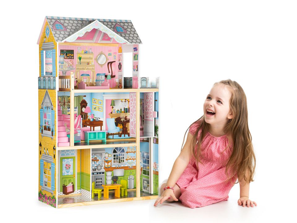 Ecotoys Ecotoys Velký dřevěný domeček pro panenky s výtahem a nábytkem
