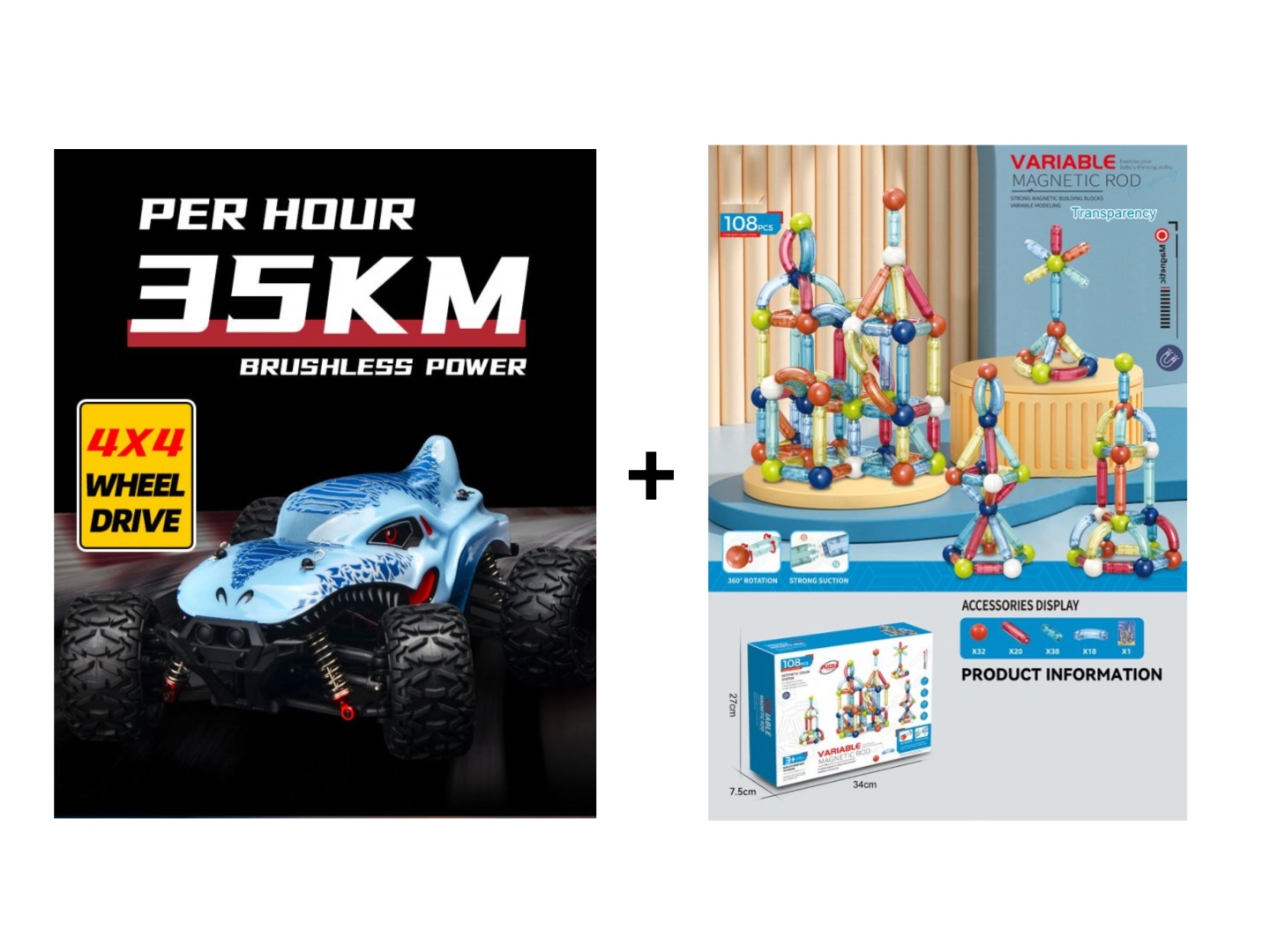 Výhodná sada RC Monster Truck 1:16 Max 35 km/h 4x4 + Magnetická stavebnice Variable 108 dílků