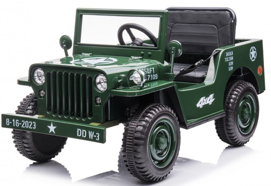 Dětský elektrický vojenský Jeep Willys 4x4 180W 12V7Ah EVA kola Army zelený