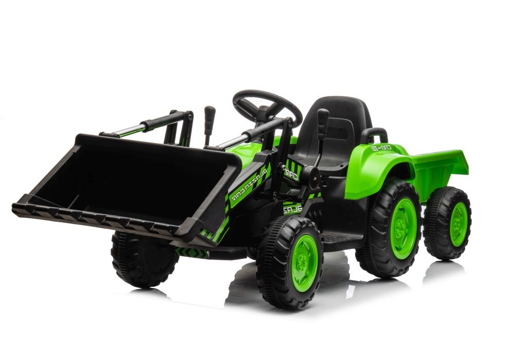 Mamido Dětský elektrický traktor s radlicí a přívěsem zelený