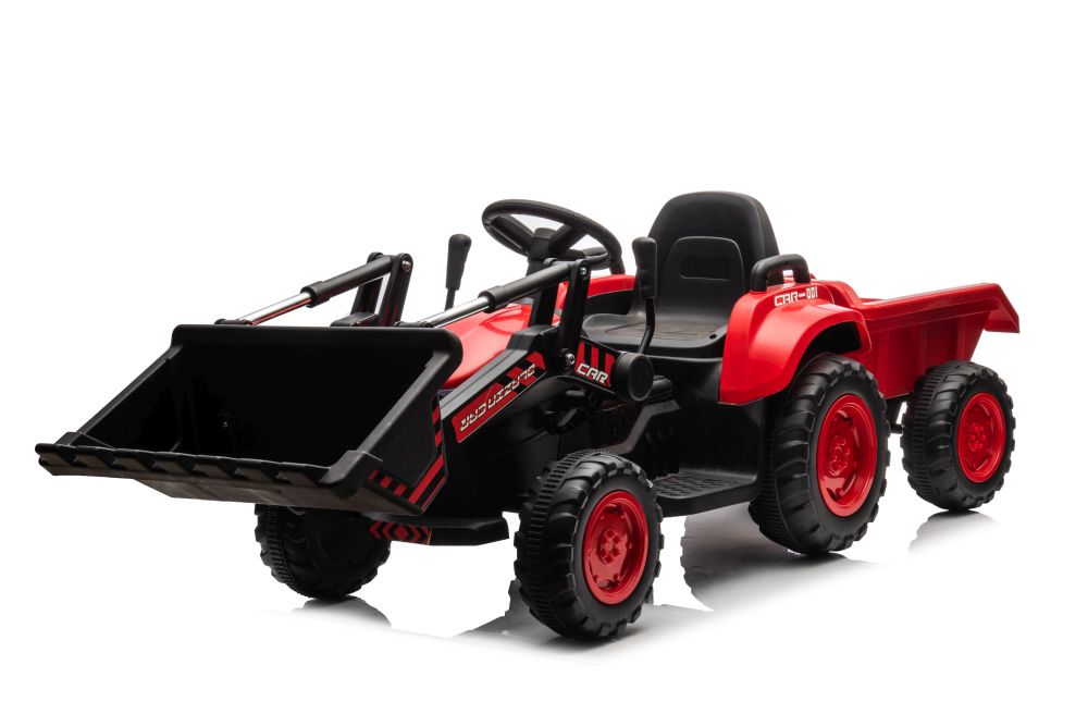 Dětský elektrický traktor s radlicí a přívěsem červený