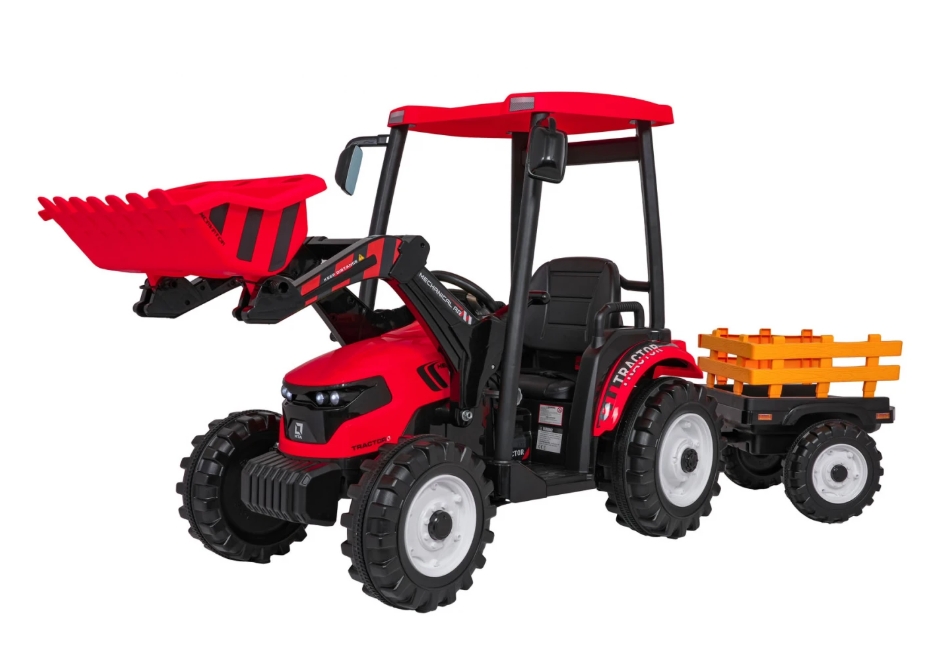 Dětský elektrický traktor MEGA D68 24V s přívěsem červený