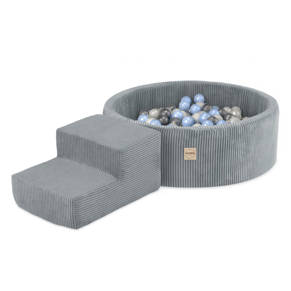 PLUSH NEST PLUSH NEST Suchý bazén kulatý Ø 90 × 30 cm s herním prvkem (schůdky) a 200 míčky šedý