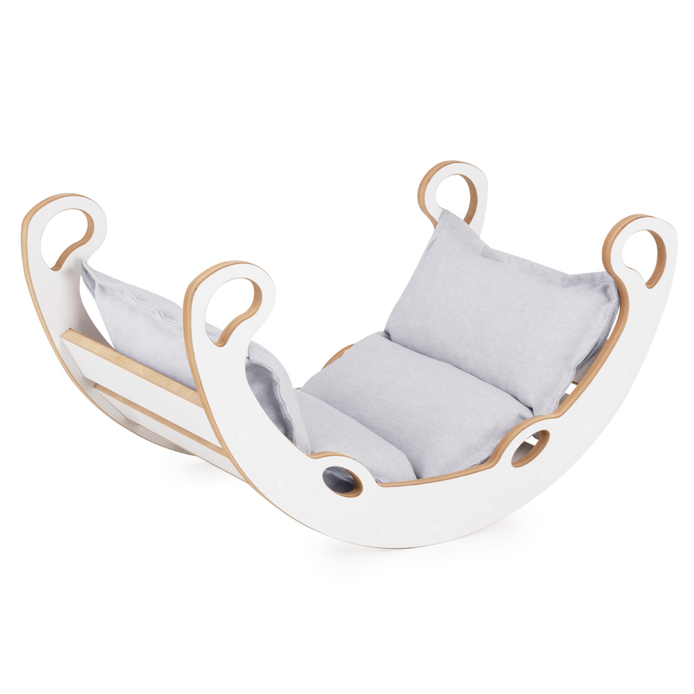 PLUSH NEST PLUSH NEST Dřevěné houpátko Mini XS 2v1 s polštářem (světle šedé / bílé)