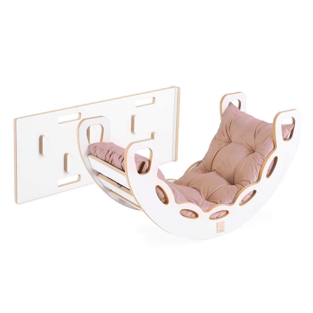PLUSH NEST PLUSH NEST Dřevěné houpátko Mini 4v1 s lezeckou stěnou a skluzavkou a polštářem (béžový/zlatý samet)