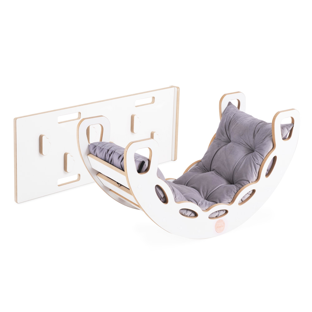 PLUSH NEST PLUSH NEST Dřevěné houpátko Mini 4v1 se stěnou na lezení a skluzavkou + polštář (sametově šedý)