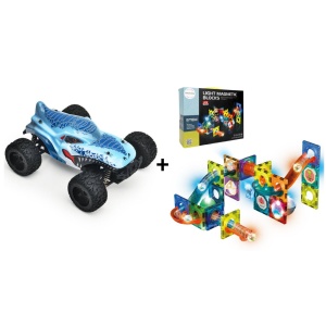 Výhodná sada RC Monster Truck 1:16 Max 35 km/h 4x4 + Magnetická svítící stavebnice kuličková dráha 49 dílů