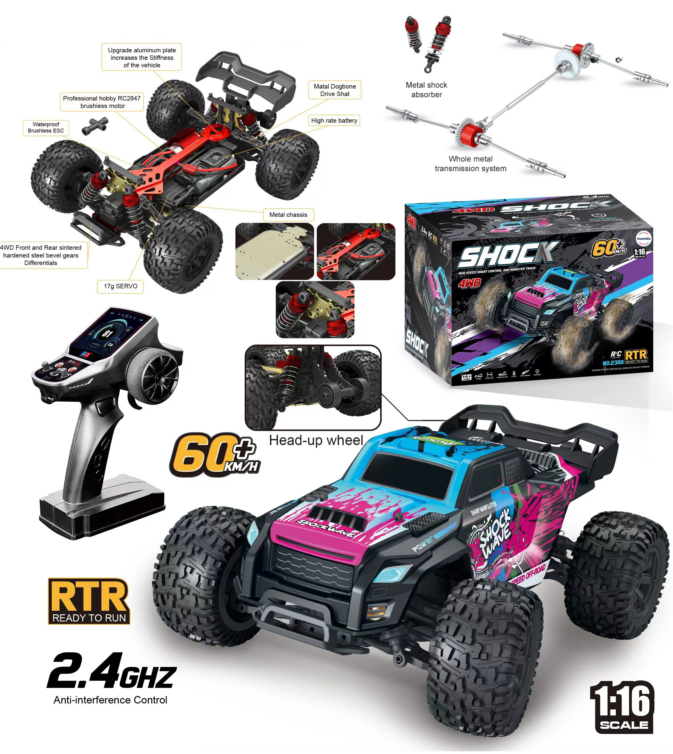 Auto na dálkové ovládání 60 km/h RC Monster Truck 1:16 4WD Brushless 2.4GHz modré