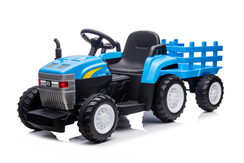 Dětský elektrický traktor New Holland s přívěsem modrý