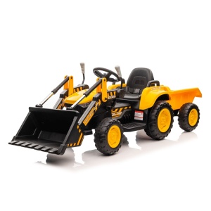 Dětský elektrický traktor s radlicí a přívěsem žlutý