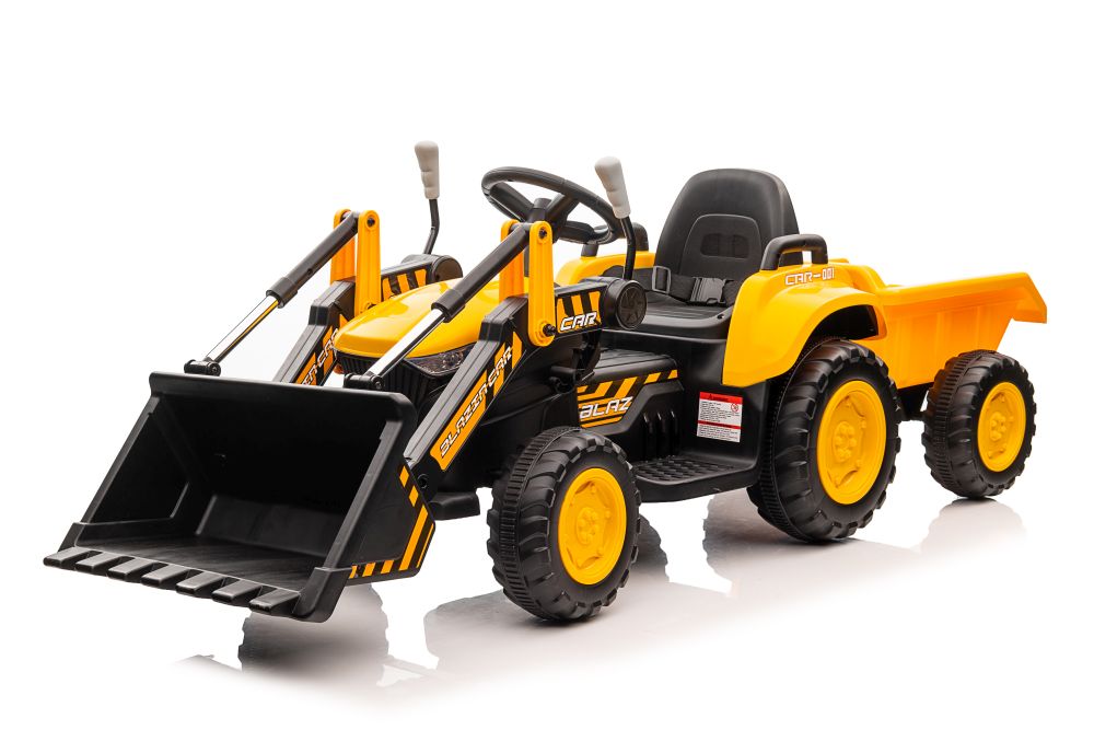 Dětský elektrický traktor s radlicí a přívěsem žlutý