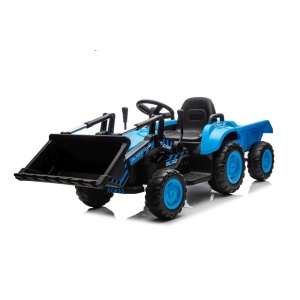 Dětský elektrický traktor s radlicí a přívěsem modrý